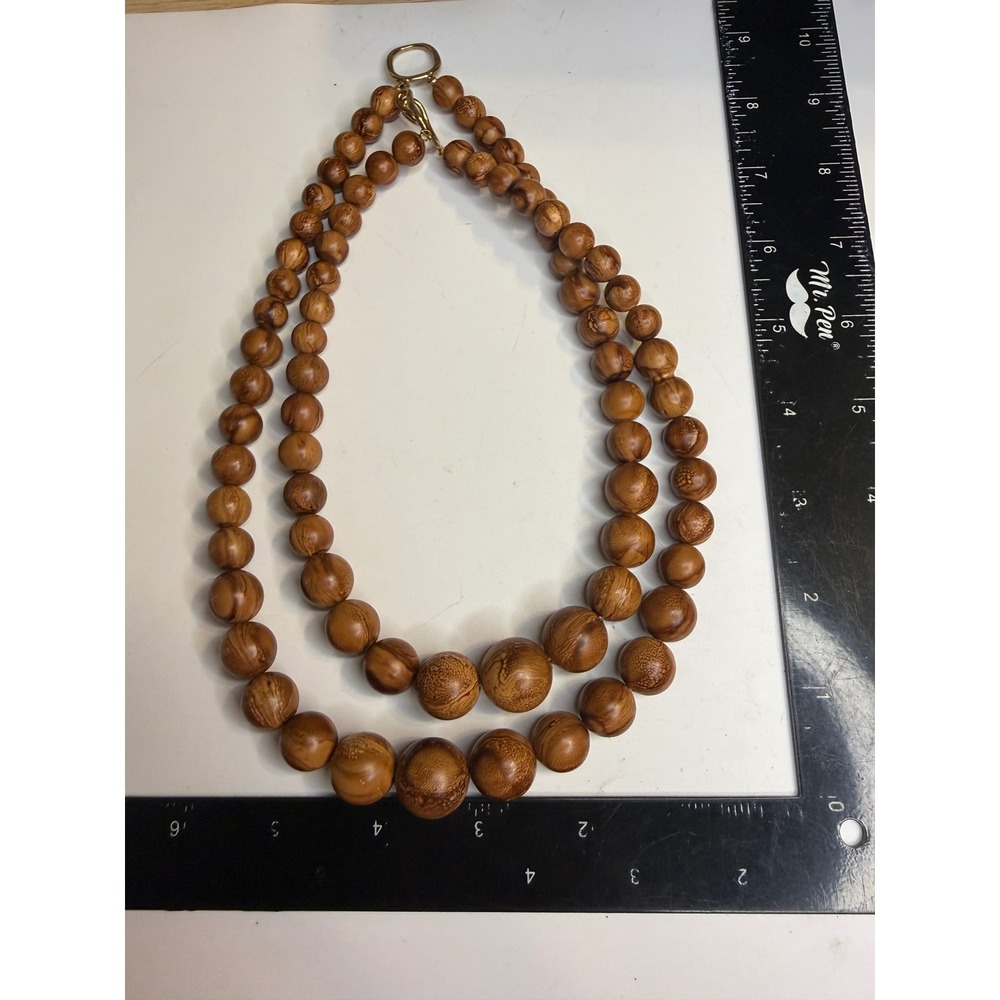 Double Strand Faux Wood Grain Beaded Necklace Graduated Earth Tone Statement